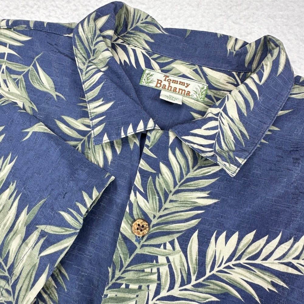 Tommy Bahama Shirt Mens XL Blue Silk Tropical Palm Leaf Button Down‎ Camp Collar
